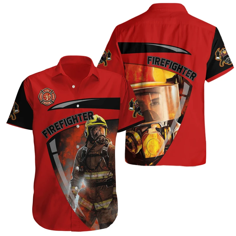 Firefighter Uniform Cosplay 3D Printed Shirts For Men Clothes Hero Profession Graphic Blouses Casual Short Sleeve Veteran Tops