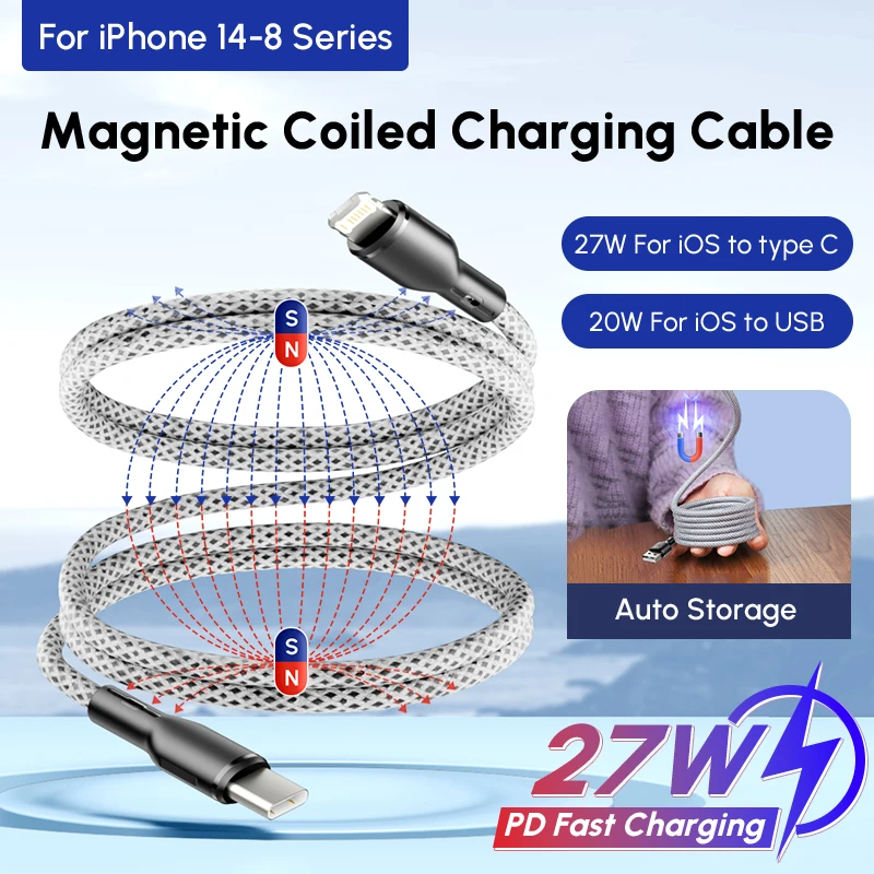 100W 27W 5A Magnetic Coiled PD USB Type C To For iOS Charging Cable For Apple For iphone 15 14 13 Pro max Plus Samsung s23 s22