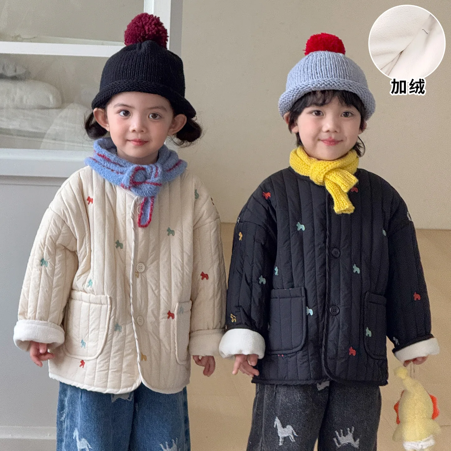 Cotton Clothes 2026 Autumn And Winter Childrens Clothing Korean Boys And Girls Lovely Embroidery Plus Velvet Cotton Clothes
