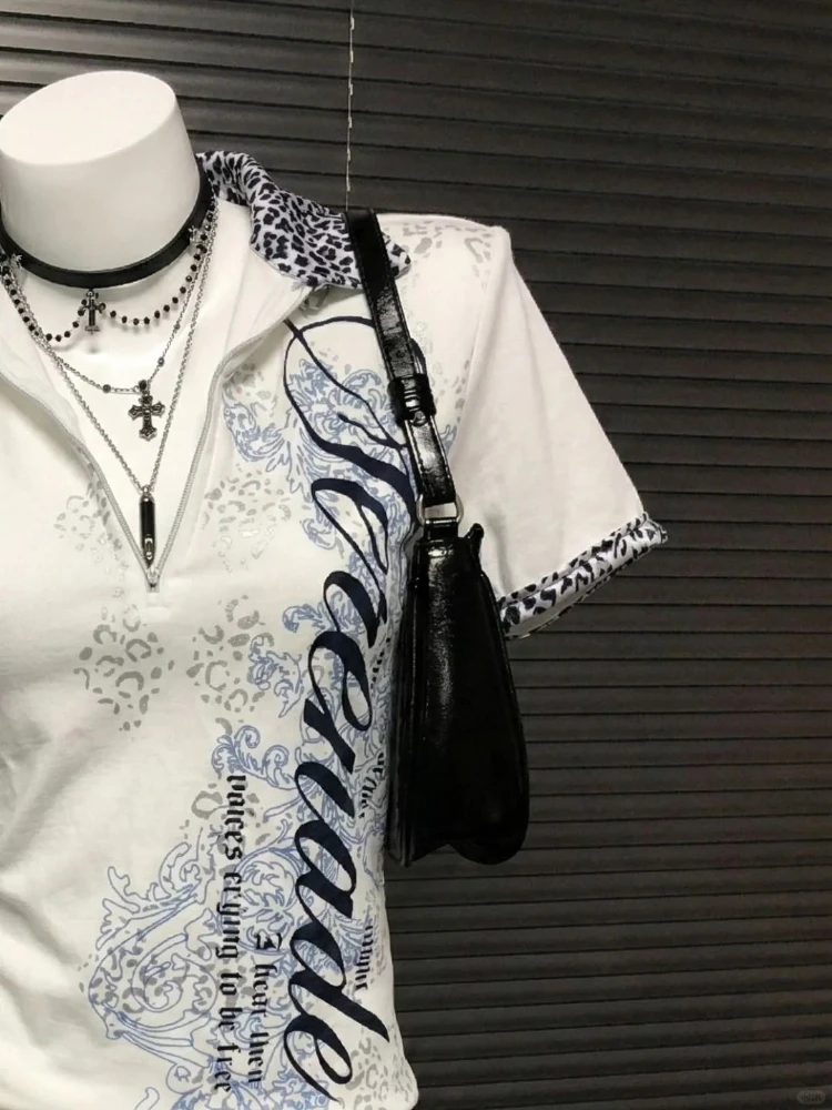 Subculture Vintage Y2k Hot Girl Slim T-Shirts Women Designer Hepburn Aesthetic Leopard Print Short Sleeve Patchwork Print Tees