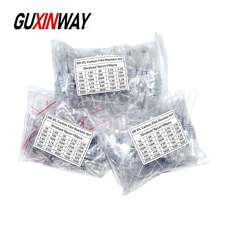 

150PCS Resistor Kit 2W 3W 5W 5% 30valuesX5PCS Carbon Film Resistance 0.1R-750R ohm 1K-820K Set
