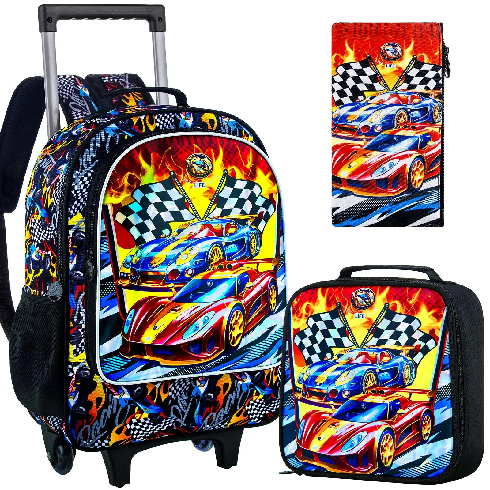 

3 шт. рюкзак на колесиках для мальчиков, детская сумка для книг на колесиках, набор автомобильных рюкзаков на колесиках для начальной малышей (гонки)