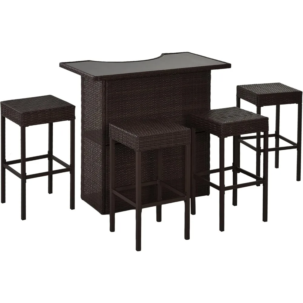

5 Pcs Rattan Wicker Bar Set, High Top Outdoor Table and Chairs, Bar Height Patio Set with Glass Table Top 2 Tier Storag