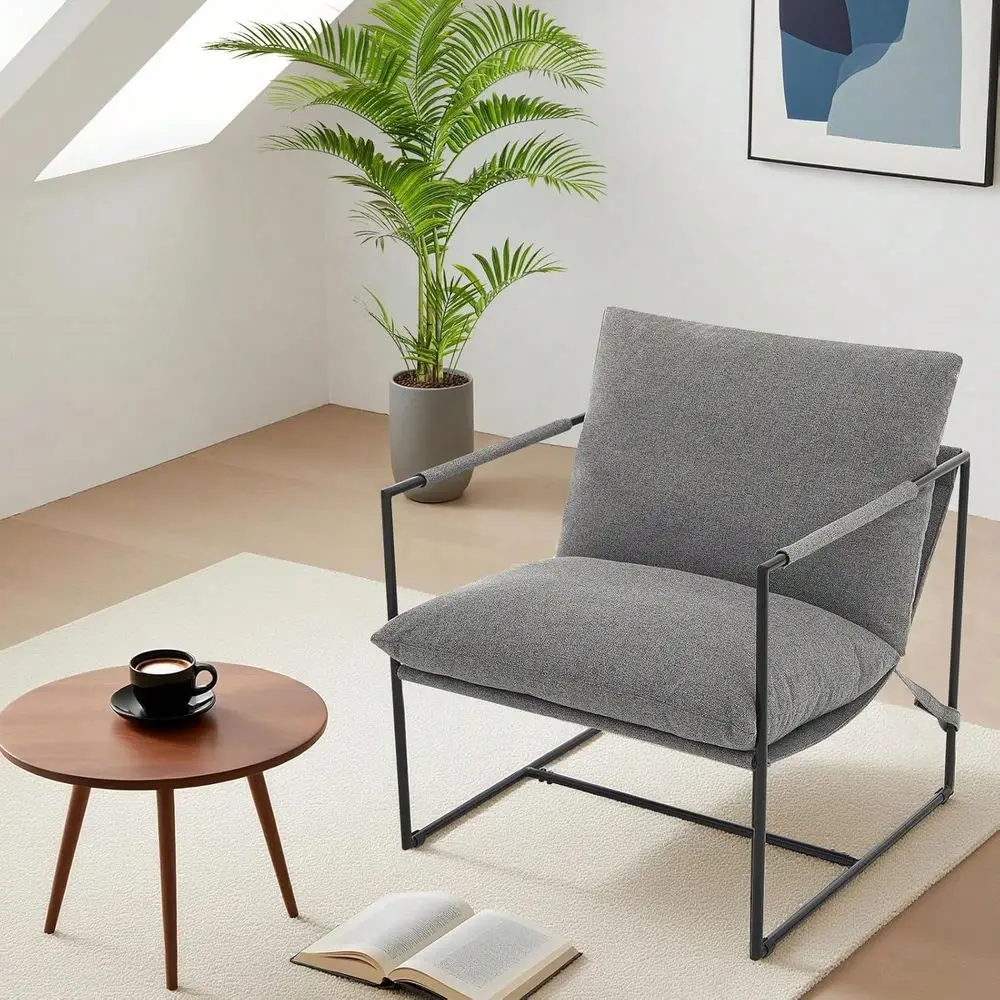 

Sling Accent Chair With Metal Frame And Fabric Ergonomic Cushions, holstered Lounge Armchair Cozy Reading Chair For Living Ro