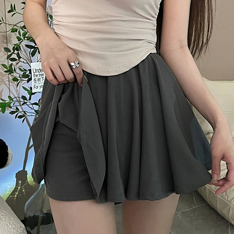 Women Sweet High Waist Pleated Skirt Korean Fashion Sexy A Line Mini Skirt Summer New Solid All Match Gray Skirt Female