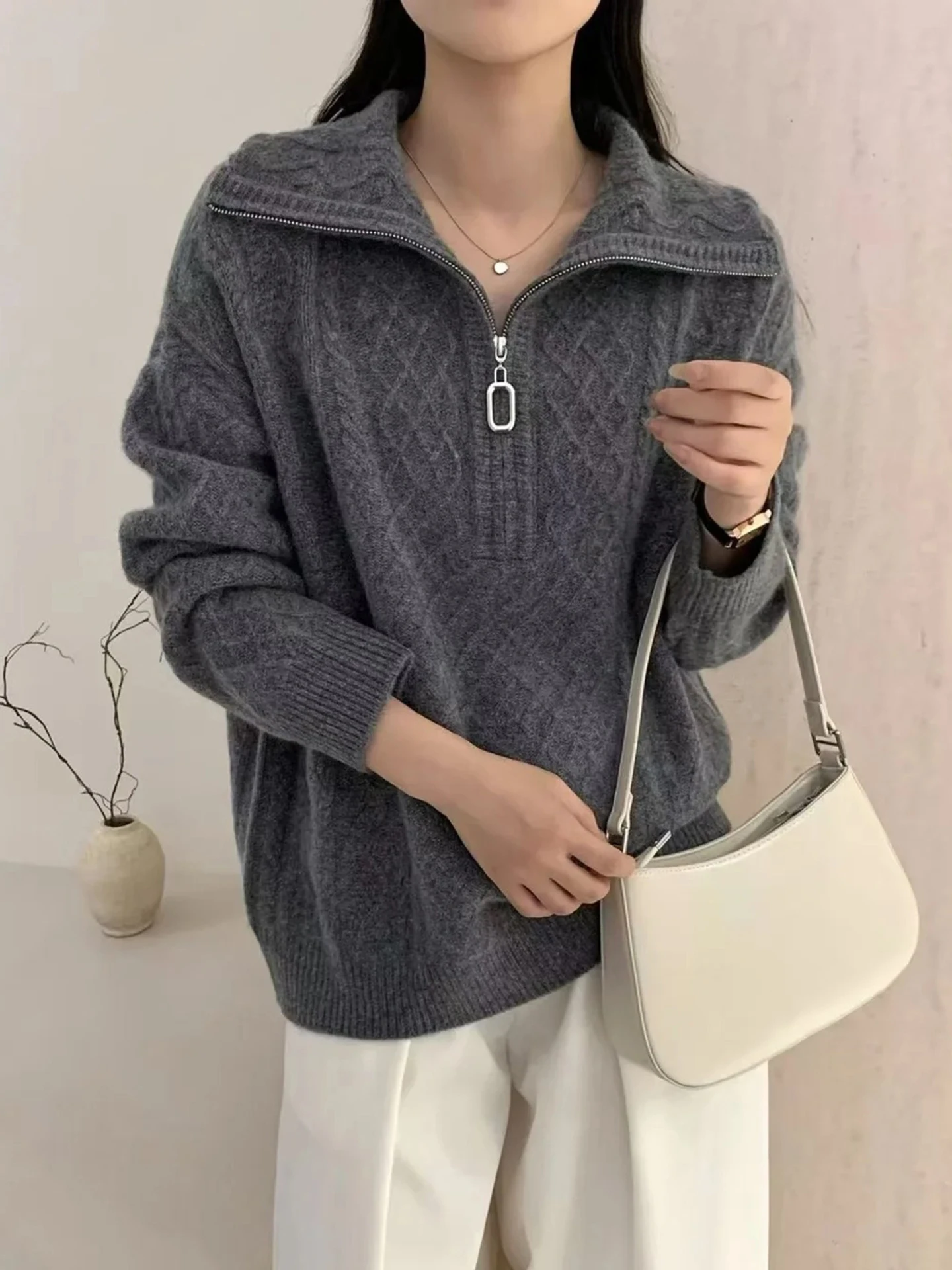 

New Women Luxury Pullover 100% Merino Wool Half Zip Lap Solid Color knit Loose Skin Friendly Comfortable Autumn Winter Top Warm