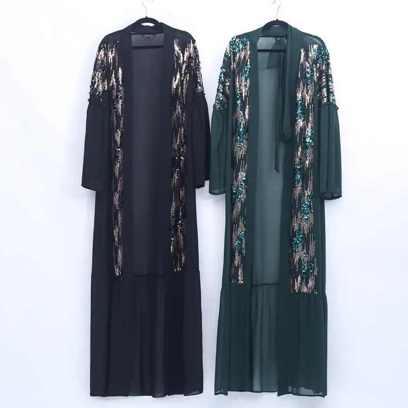 Muslim Dress Middle East Sequin Stitching Cardigan  Women Long Sleeve Chiffon  Open Dubai Abaya Turkey  Fashion