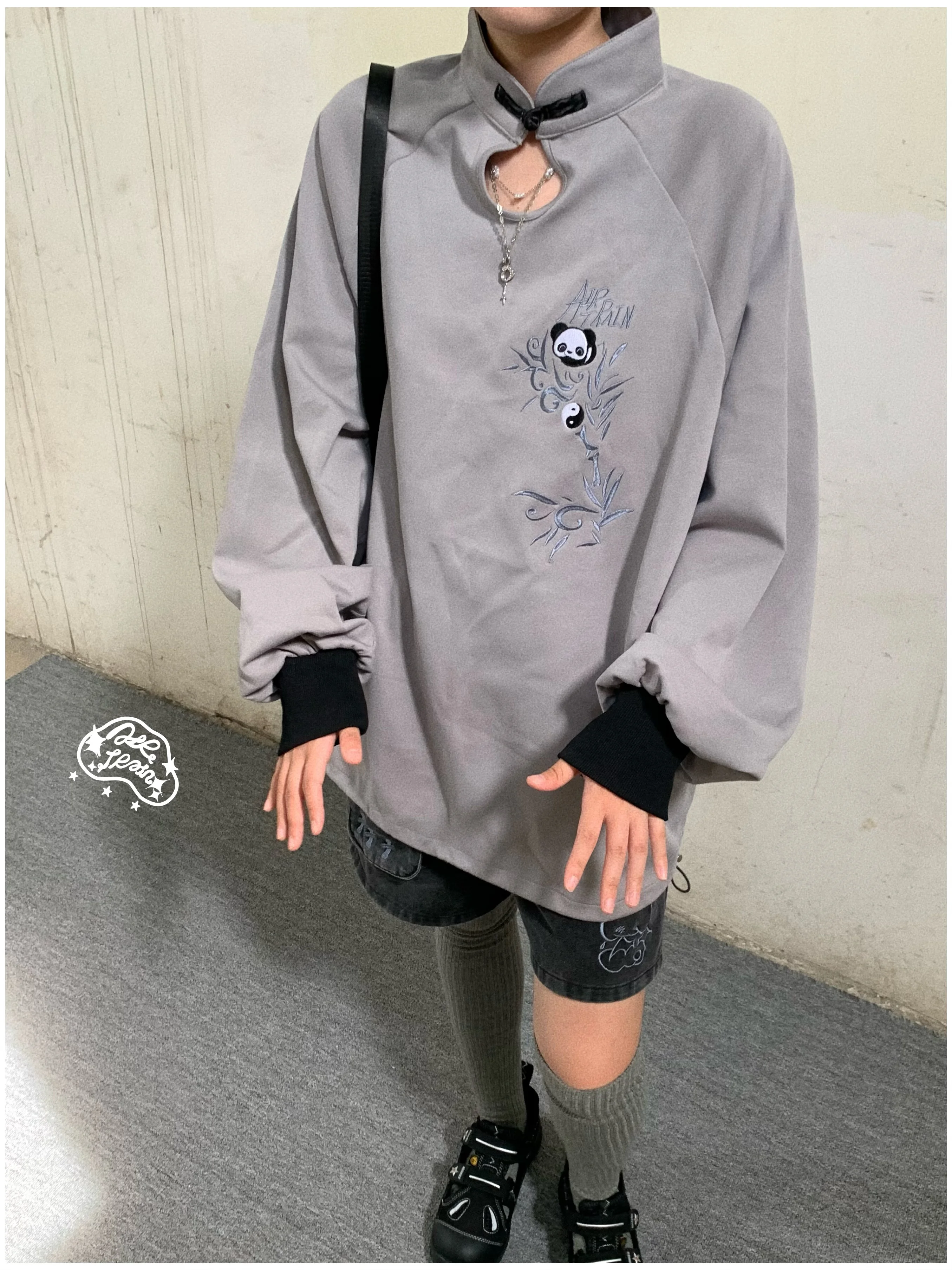 Autumn Panda Button Hollow Hoodie 2024 Loose Chinese Style Subculture Original Long Sleeve Light Gray Stand Collar Sweatshirt