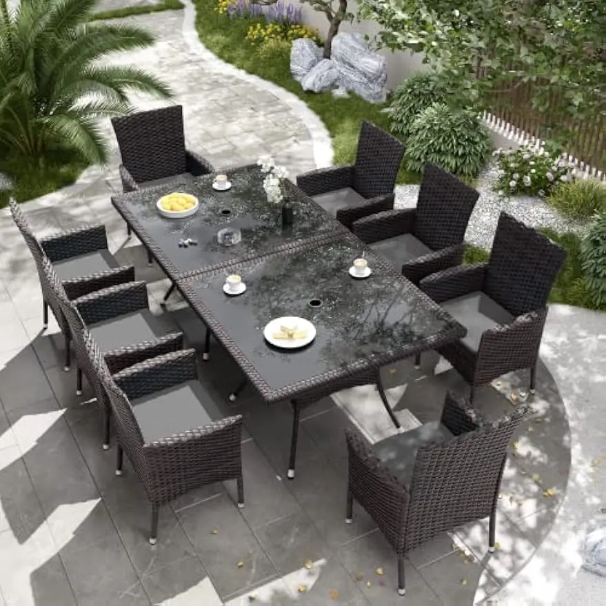 

Patio Outdoor Dining Set 10, Wicker Rattan Furniture Set of 8 Chairs with Soft Cushions and 2 Square Tables with Umbrella Cutout