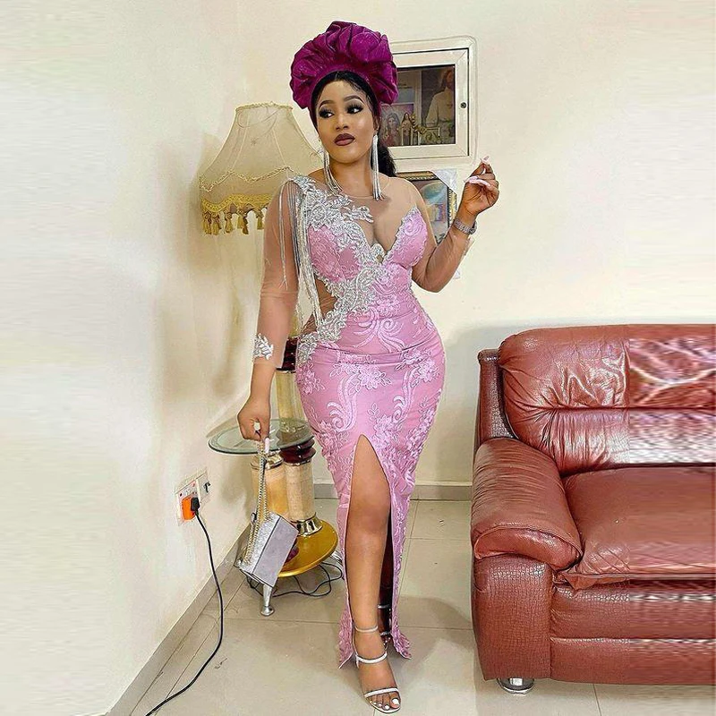 فساتين سهرة أفريقية abiye رداء de soirée فساتين حفلات وردية طويلة مزينة بغمد فستان رسمي شفاف الأكمام شرابات