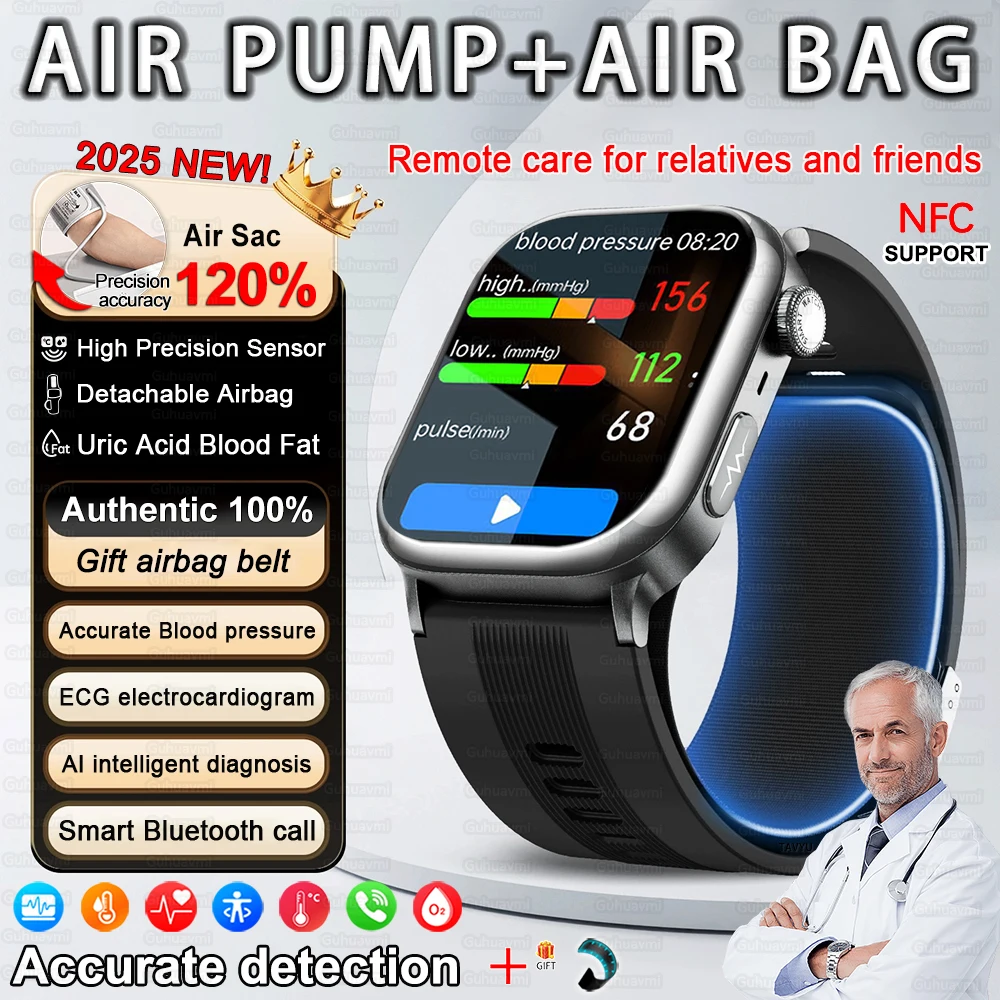 

2025 New Upgrade Air pump airbag Accurate ECG+HRV Blood Pressure Measure Smart Watch NFC lipids Uric acid Smartwatch Men Women