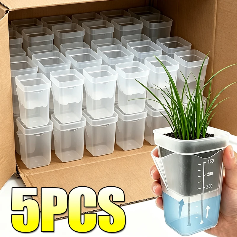 Aloe Vera Pot - 5/1個入り透明自動給水ポット、自動吸水綿芯付き植木鉢、庭の苗、花鉢、育苗カップ用