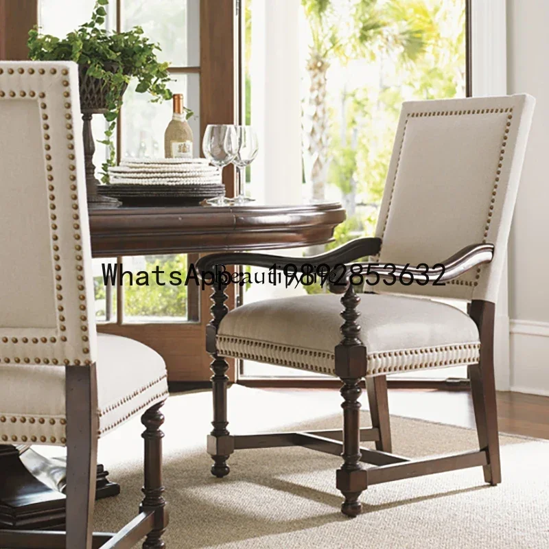 Retro Solid Wood Cotton Linen Fabric Dining Chair Villa with Armrest Eating Chair