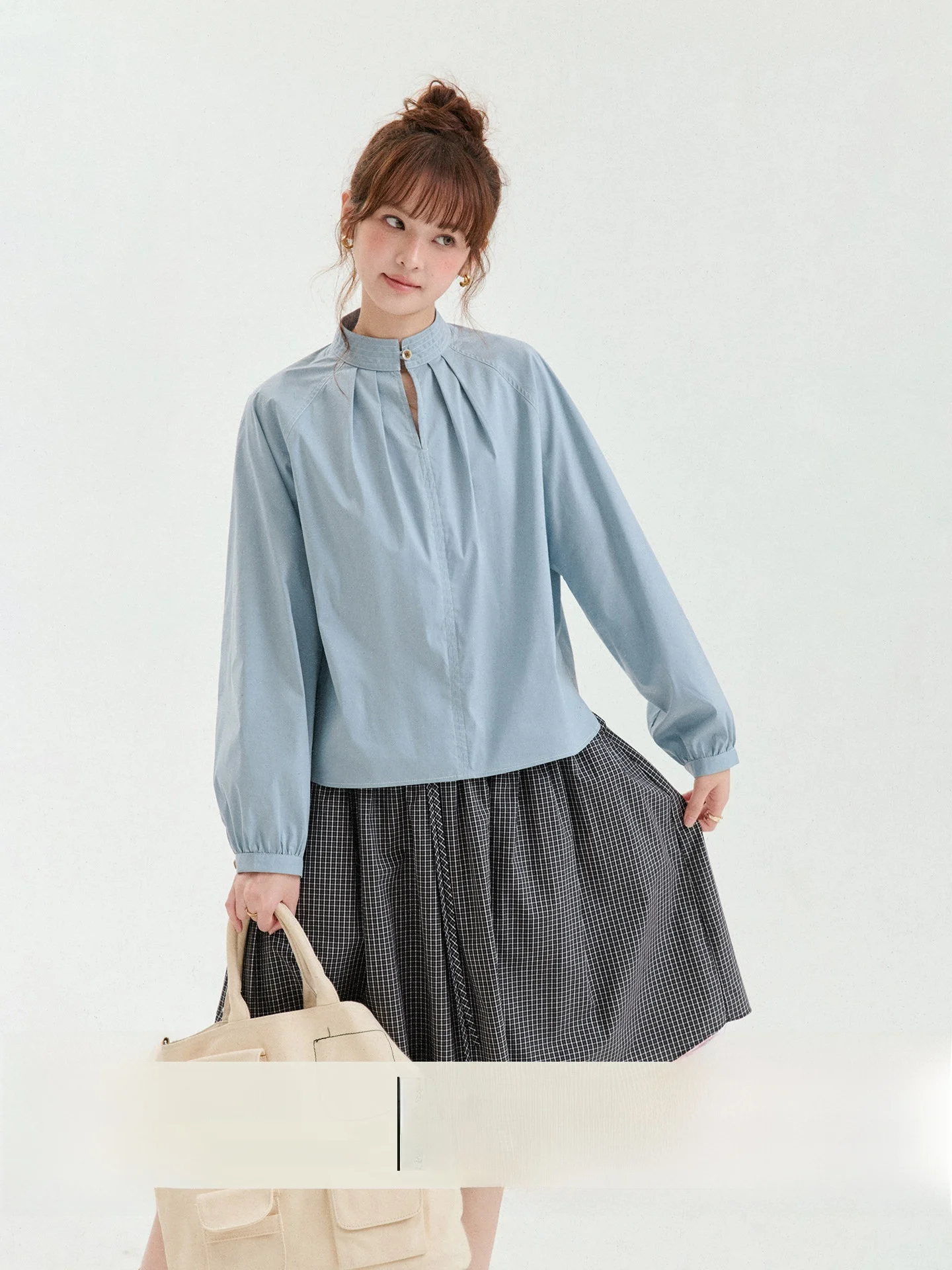 Blue Long Sleeve Pleated Stand Collar Shirt Women's Fashionable Versatile Top AMUU Original Design North Island Korean Style ...