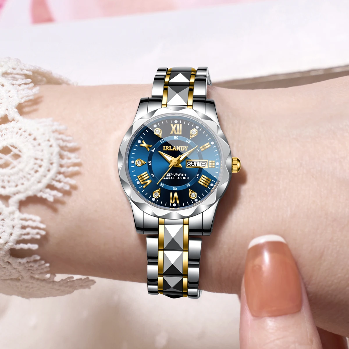 Elegant Blue Roman Dial Women Quartz Watch Stainless Steel Bracelet Ladies Calendar Wristwatch Relogio Feminino（Without Box）