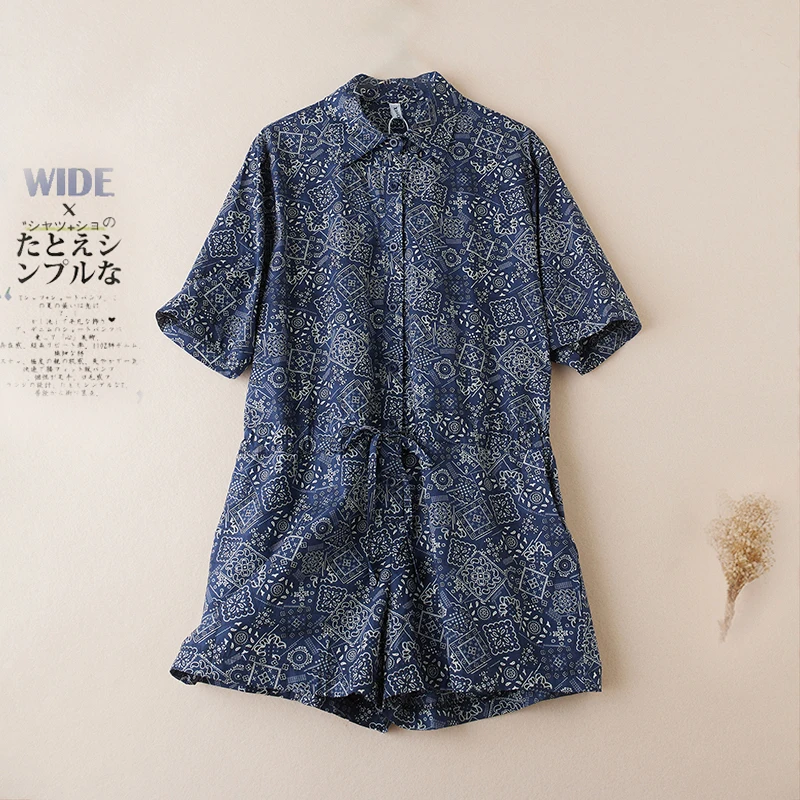 Retro Floral Print Bib Overalls Women's Summer New Style High Waist Shorts  Suit Heavyweight Short Sleeve Onesie
