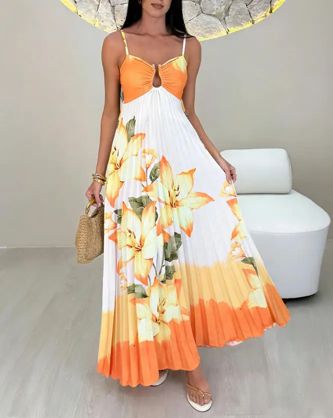 

Women's Dress Summer New Casual Elegant Vacation Style Flower Print V-Neck Hollow Design High Waist Loose Suspender Dress