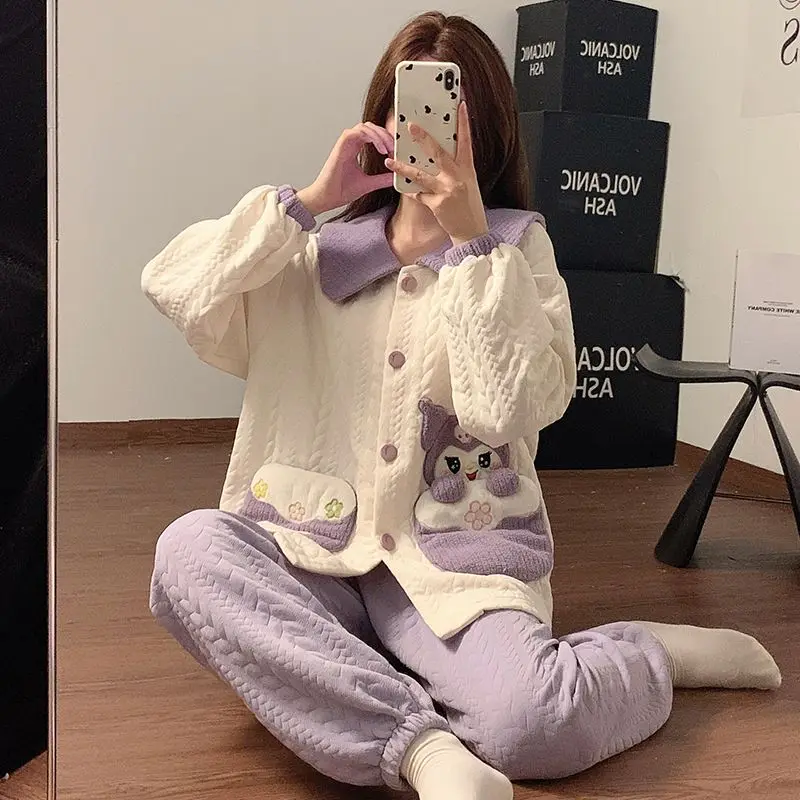 

Kuromi Pajamas Girls Autumn and Winter Air Cotton Thickened Warm Large Size Fat Mm Loose Can Be Worn Outside Home Clothes Set