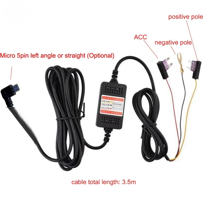 DC 12V/24V to 5V 3A Micro 5Pin Car Dash Cam Auto Camera Charging Buck Line Streaming Media Driving Recorder ACC Step Down Cable