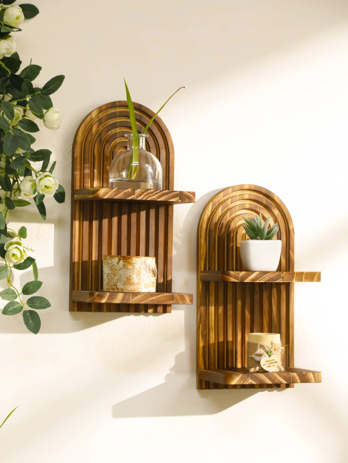 1Pc Boho Style Wooden Wall Shelves - Geometric Wall Mounted Shelves, Natural Wood Finish, Modern Home Decor, Plant Decorative