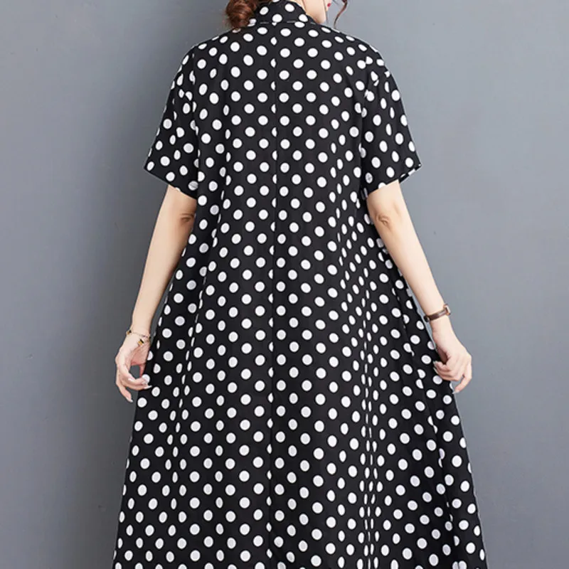 #3484 Black White Polka Dot Printed A-line Shirt Dress Short Sleeve Loose Pockets Vintage Office Midi Dress Female Vestidos Thin