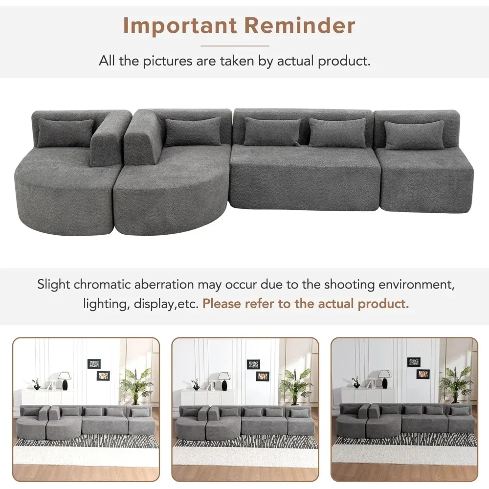 Modular Sectional Sofa, 4 Free Combined Sofa Couch, Fabric Modern Upholstered Sofa with 2 Chaise Lounge and 5 Back Pillows