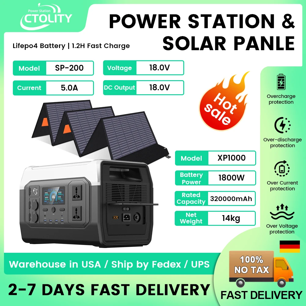 1800W Portable Power Station Solar Generator 1024WH Lifepo4 Camping Battery 220V AC Outlet Emergency Power 200 Watt Solar Panele