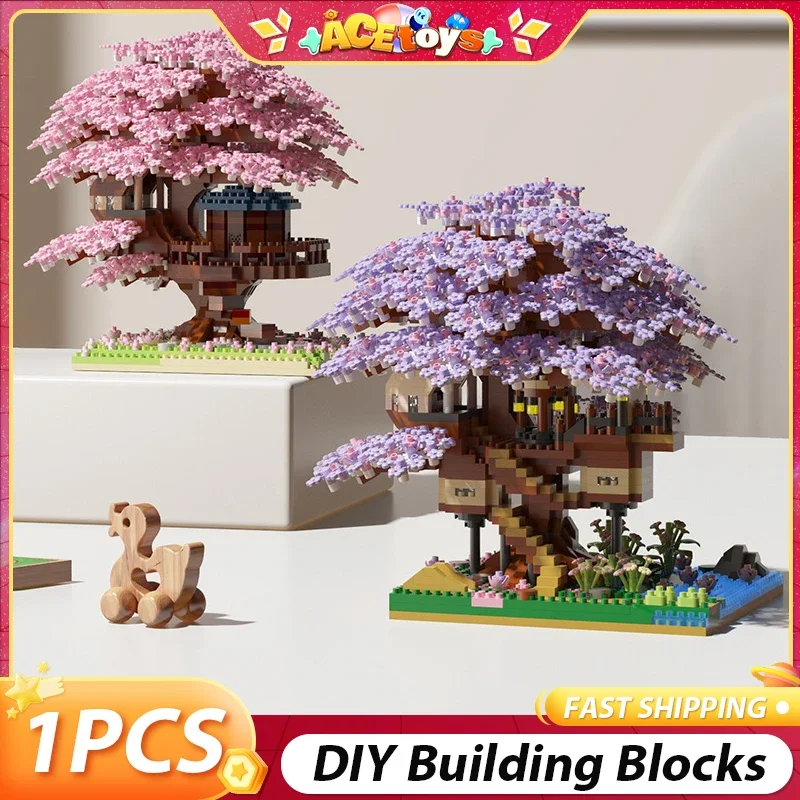 

DIY Romantic Peach Flower Tree House Microparticle Building Blocks Simulated Building Assembly Model Toys For Kids Gifts