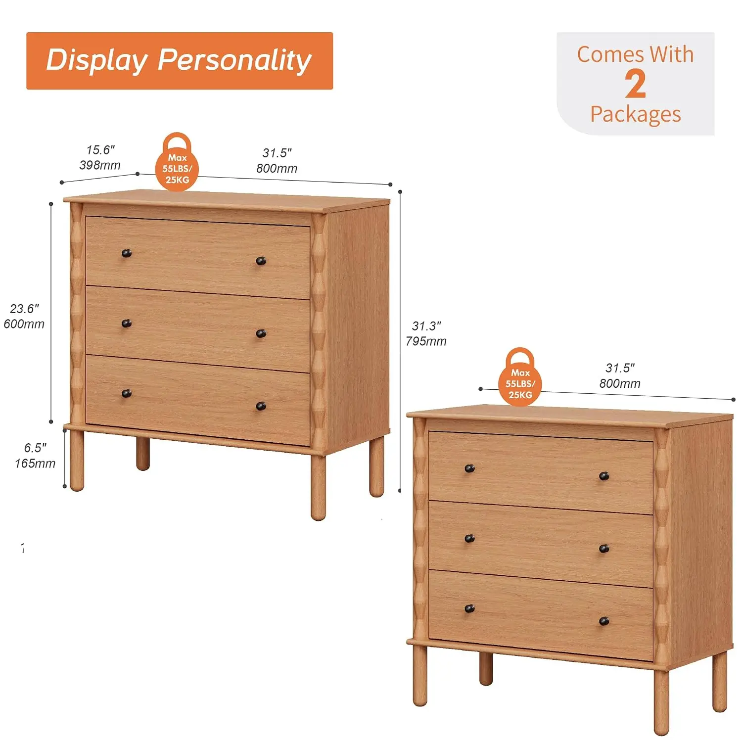 Nightstand Deep Drawer Wide Tabletop Walnut 2 Pack, Customized