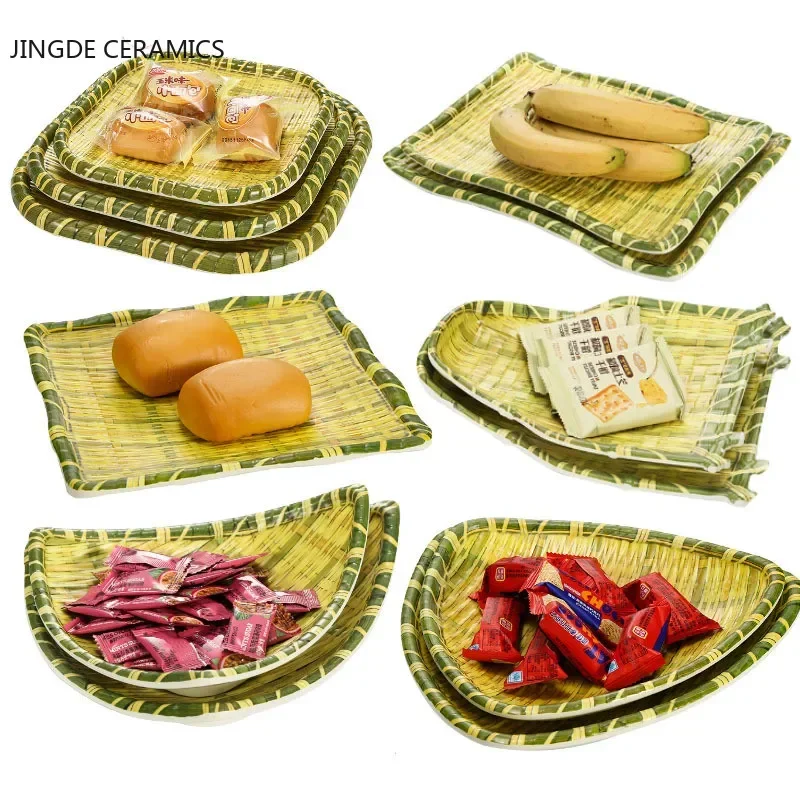 Creative bamboo weaving dustpan plate thick special-shaped rattan handmade straw designer model house fruit snack plate bowl