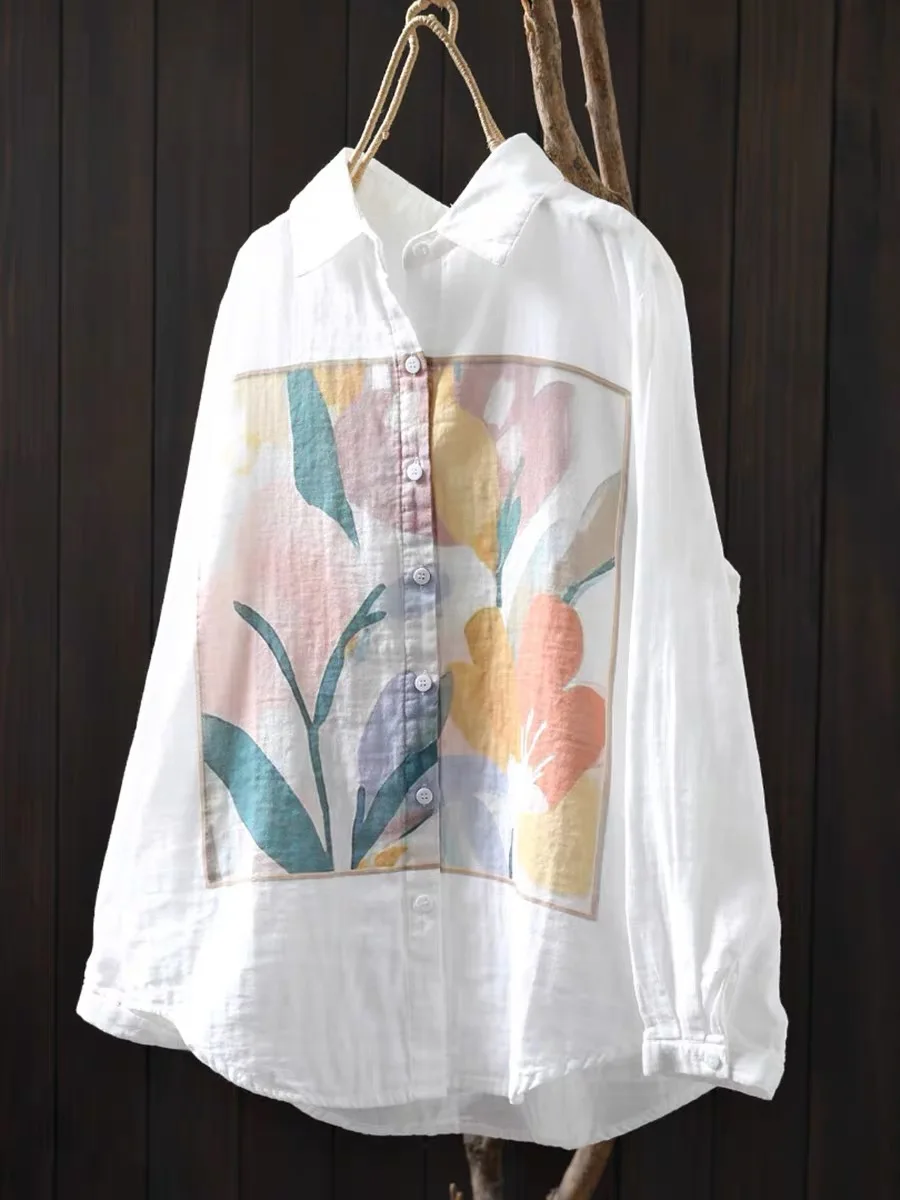 Camisa feminina chique de algodão estampada em folha, blusa solta manga longa, tops casuais de peito único, outono