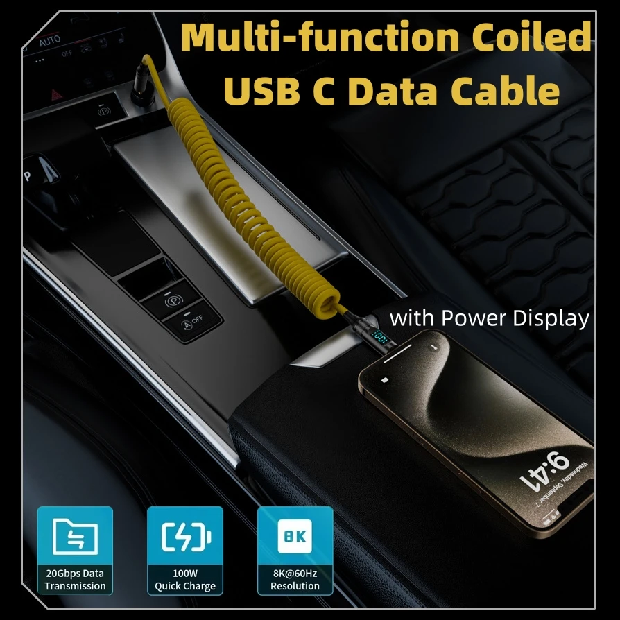 1.8M USB C Type-C Spring Coiled Cable Support 20Gbps Data Transfer 8K UHD Display 100W Fast Charging Cord for Car Mobile Phone