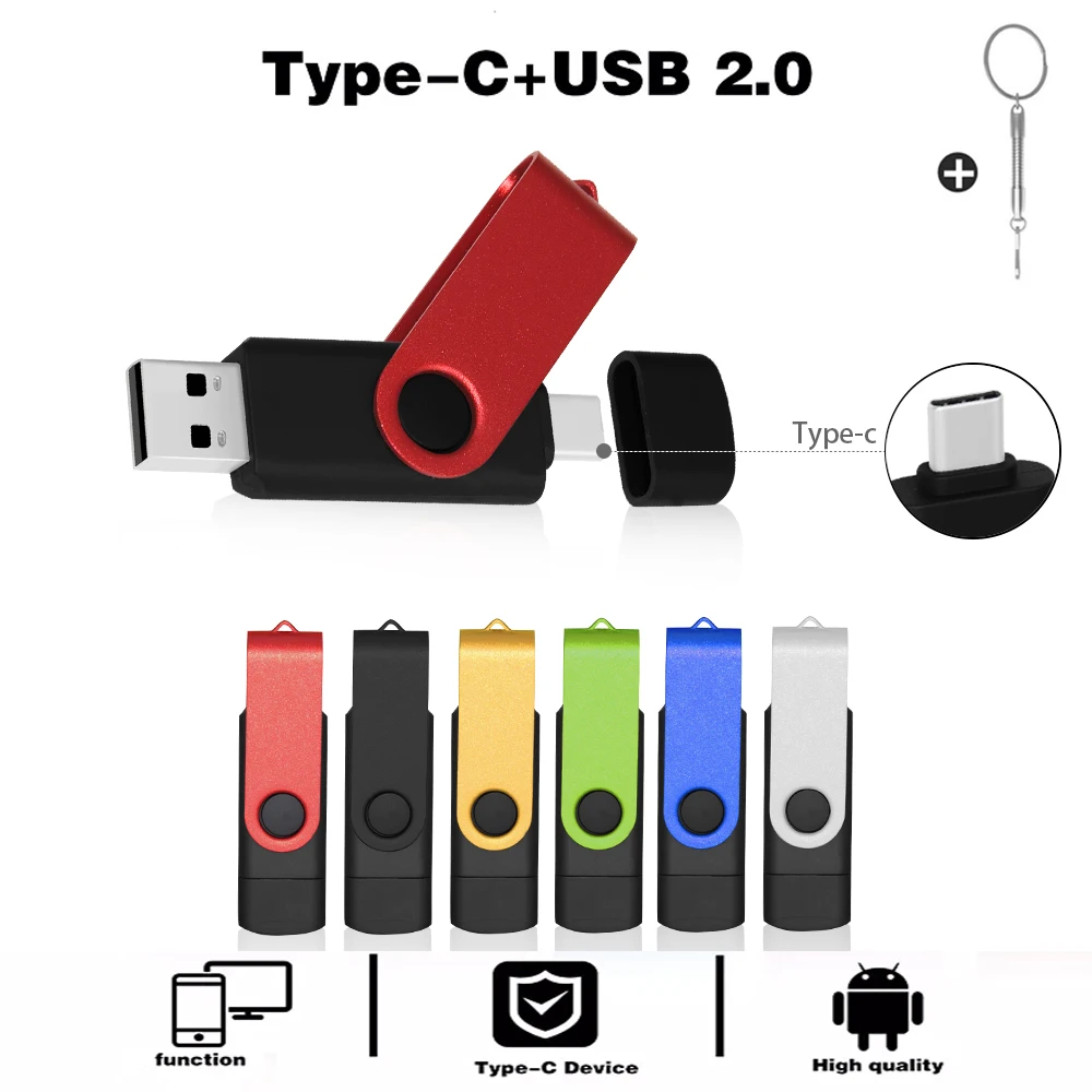 Type-C Smart Phone USB 2.0 Flash Drive 8G 16GB 32GB 64GB 128GB Metal Pen Drives Wholesale Custom LOGO Memory Stick Real Capacity