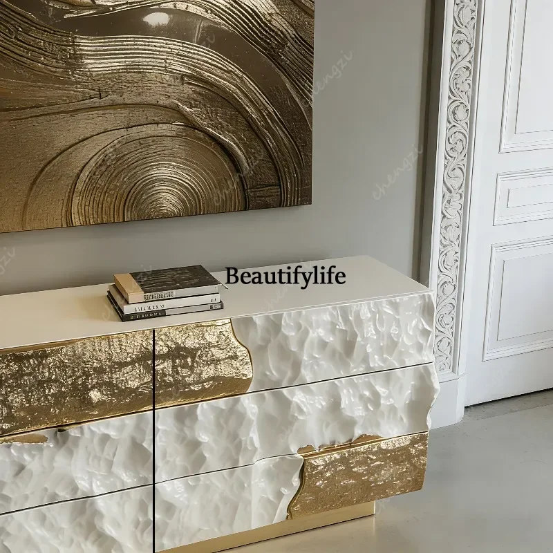 J132 Original design art decoration cabinet, light luxury and high-end vibe, villa large flat floor gold storage sideboard