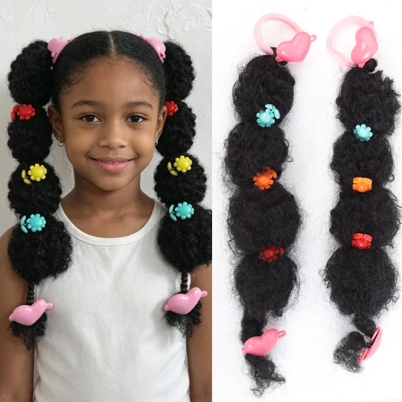 2Pcs/Set Synthetic Curly Ponytail Wig African American Girls Colorful Heart Decor Cute Hair Accessories Random Color For Kids