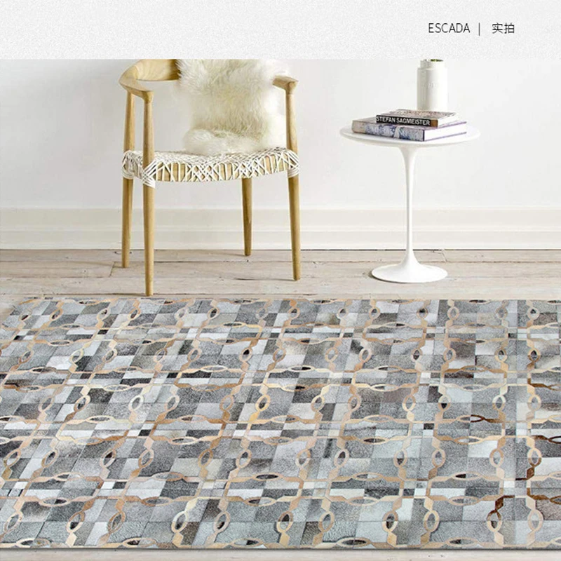 Grey Real Cowhide Handmade Patchwork Living Room Rug Luxury Villa Large Center Rug Modern Sofa Tea Table Floor Mat Customize