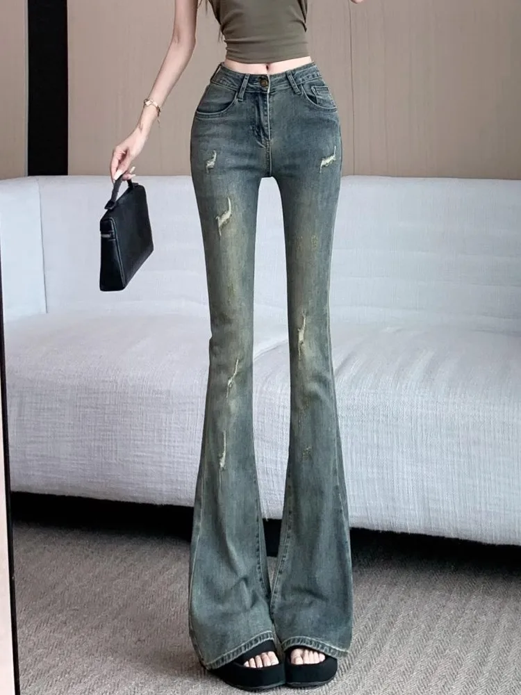 

American High Street Spicy Girls Low Waist Jeans Women Autumn Vintage Y2k Design Sense Slim Straight Tube Micro Flare Pants Lady