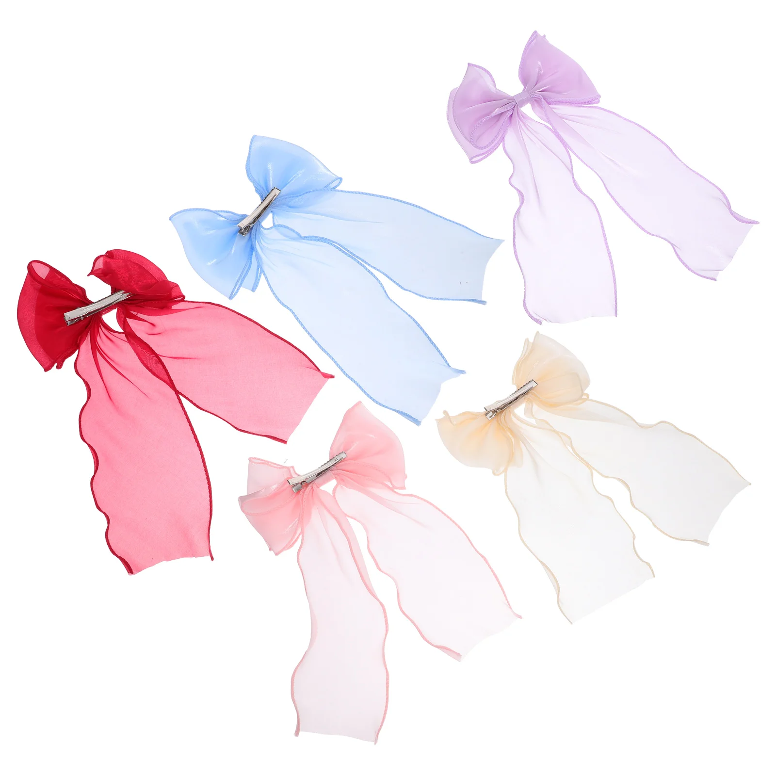 

5pcs Women Tulle Clips Long Tail Design Mesh Fabric Bowknot Barrettes Secure Spring Clip Stylish Ribbon Accessories For Parties