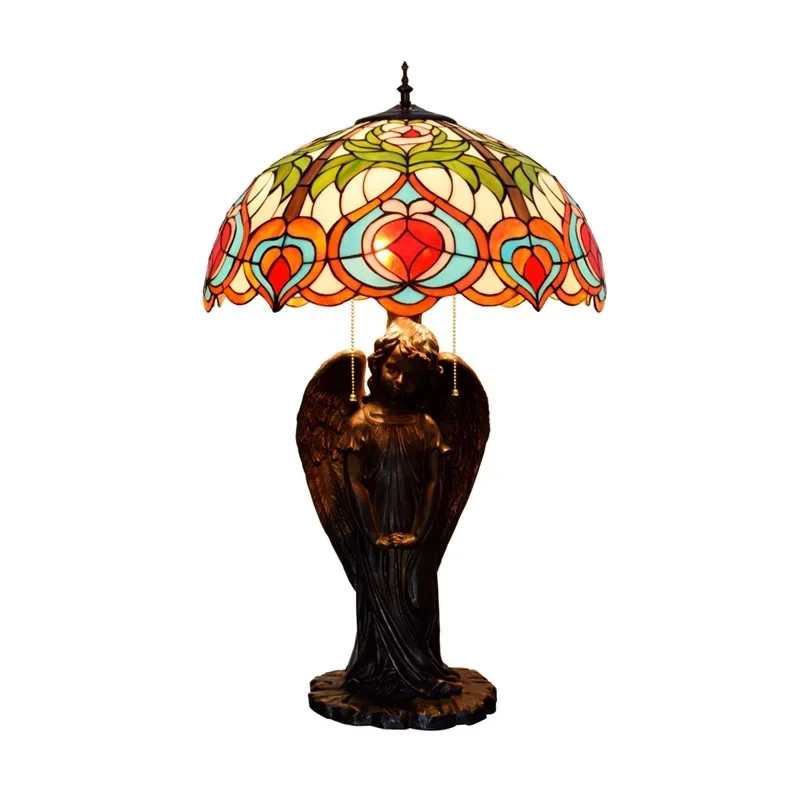 

American Pastoral Vintage Stained Glass Art Deco Guest Dining Room Bedroom Large Angel Desk Lamp