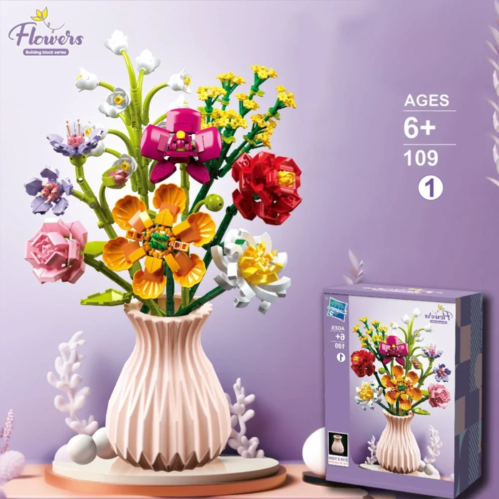 

Micro Building Block with Vase Eternal Flower Bouquet Set Creative Home Decoration Ornament Compatible with LEGO