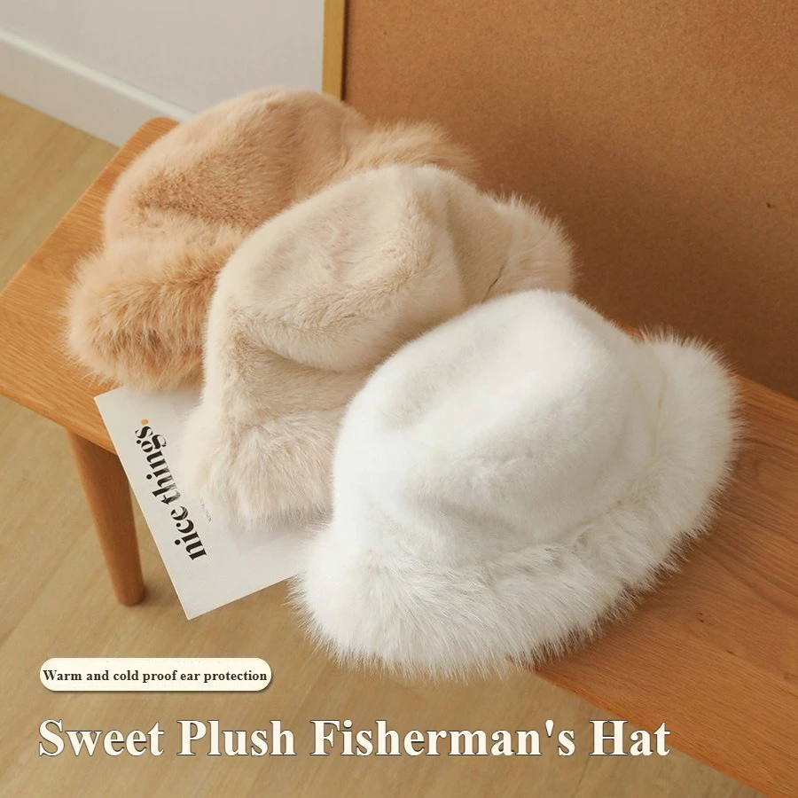 Flauschige Fischermütze für Mädchen, modischer Trend, flauschige Plüschmütze, einfarbige Wintermütze, hochwertiges Gefühl, Beckenmütze