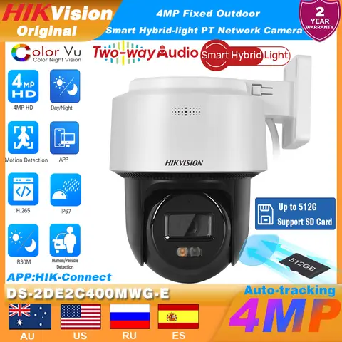 Original Hikvision 4MP DS-2DE2C400MWG-E Smart Hybrid-light Mini PT POE IP Camera Auto-tracking Lite 2-Way Audio Support SD Card