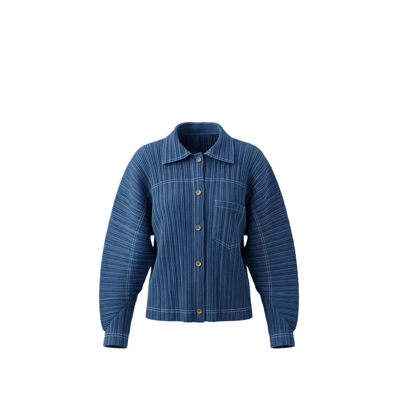 Women Miyake Pleated Shirt Lapel Long Sleeve Single Breasted Pocket Loose Cropped Blouse Spring Autumn