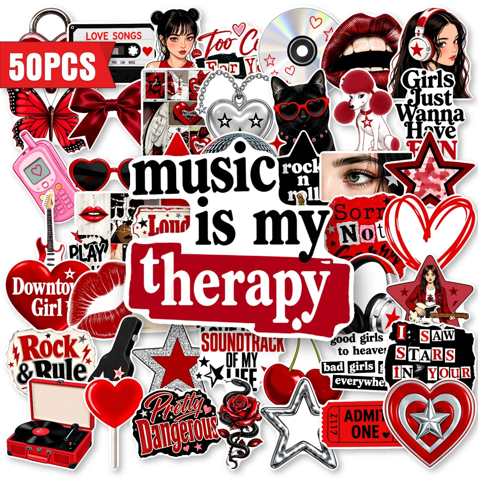 50 PCS Red Black Sweet Cool Rock Y2K Retro Heart Star Cherry Street Stickers Skateboard Car Motorcycle Waterproof Decals