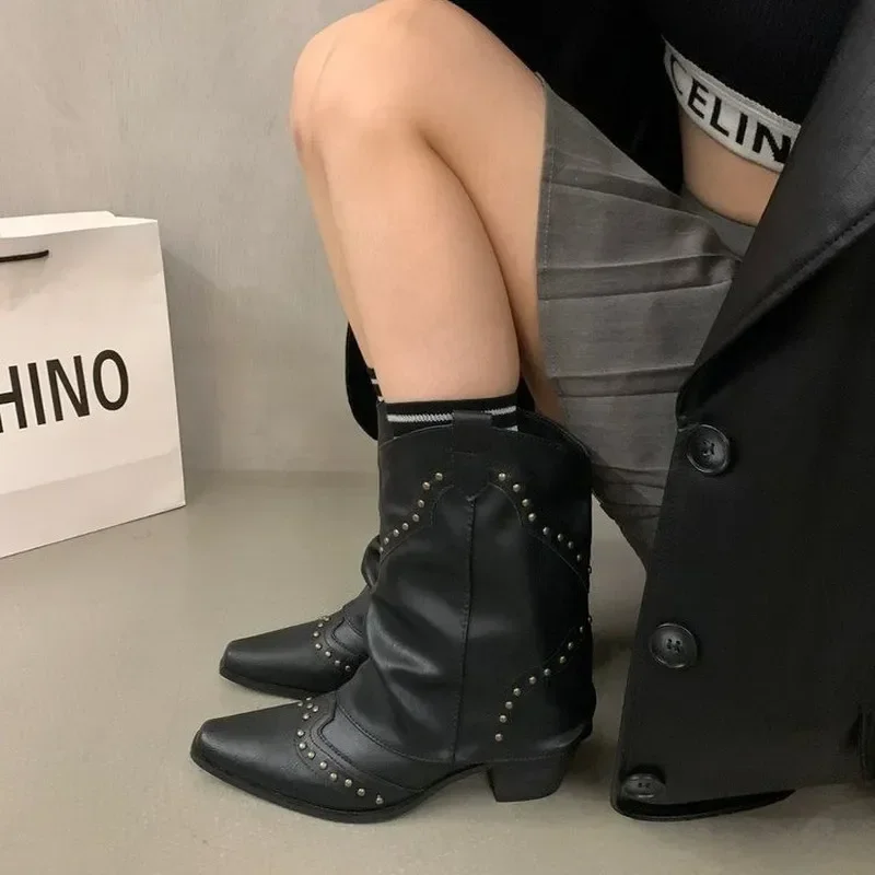 2024 Vintage Brown V-shaped Mouth Pointed Western  Calf High Heel Trouser Boots Metal Rivet Boots Thick Heel Knight Boots