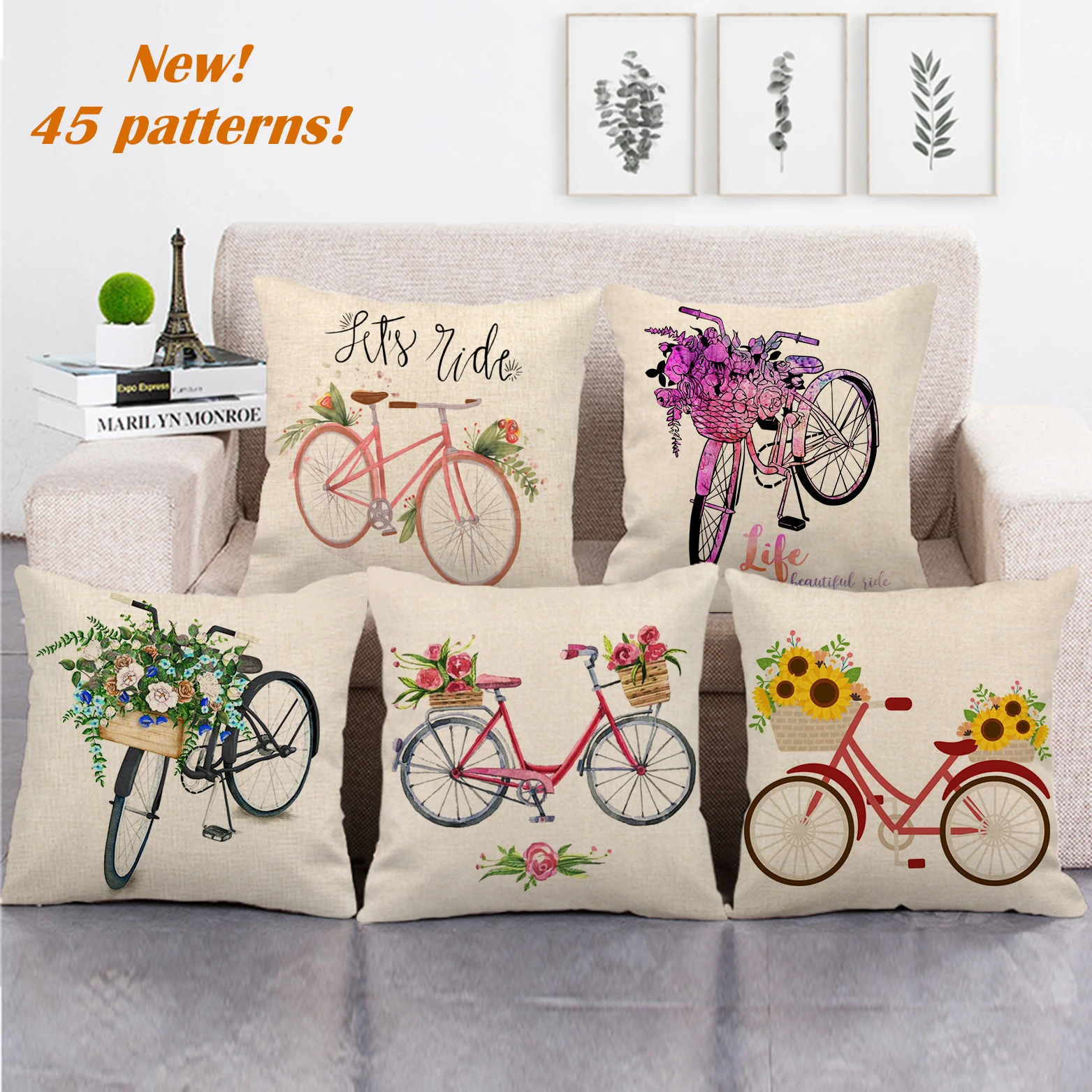 Hot Bicycle Flowers Print Linen Cushion Covers Country Style Floral Sofa Couch Throw Pillow Case Hipster Bike Ride Decor Pillows