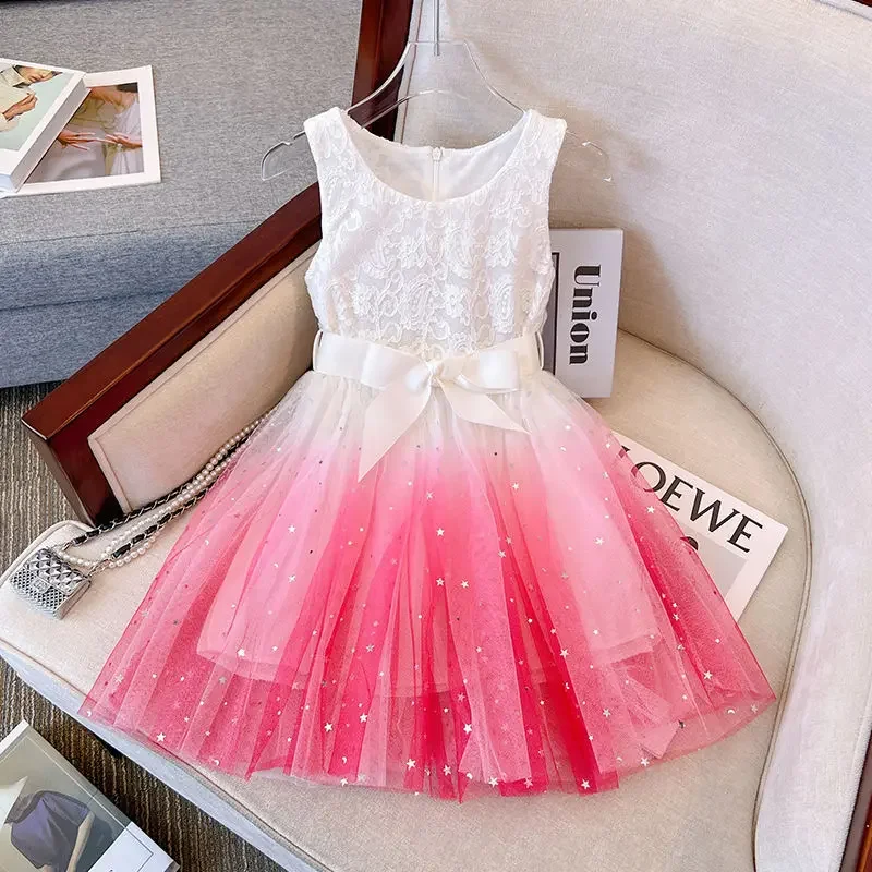 Dress for Kids 2024 New Summer Clothes for 2-8Y Children Clothing Pink Ombre Princess Casual Dress for Girls Birthday Party Wear