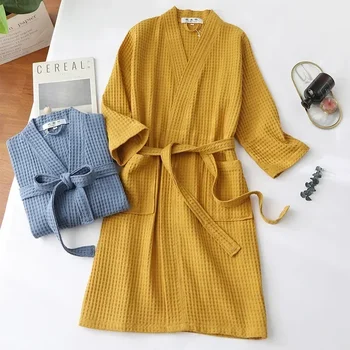 Cotton Terry Waffle Robe 4 Cotton Terry Robe for Spring and Summer Thin Morning Robe Long Sleeve Waffle Bathrobe Hotel Beauty Bath Towel for Couples 4