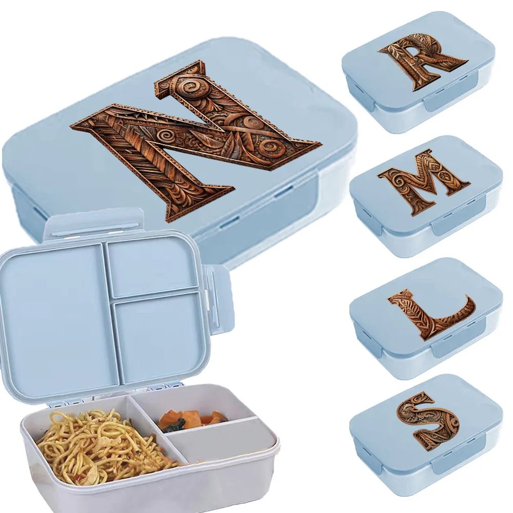 Breakfast Box 3 Grids Bento Case All-in-One Lunchbox Sandwich Fresh Fruit Salad Container with Fork Spoon Wood Art Pattern
