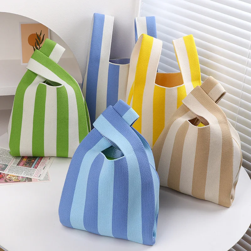 Reusable Knitted Stripe Wrist Bag Woven Handbag Stripe Female Shopping Bags Large Capacity Knitted Bucket Bag Women Tote Bags